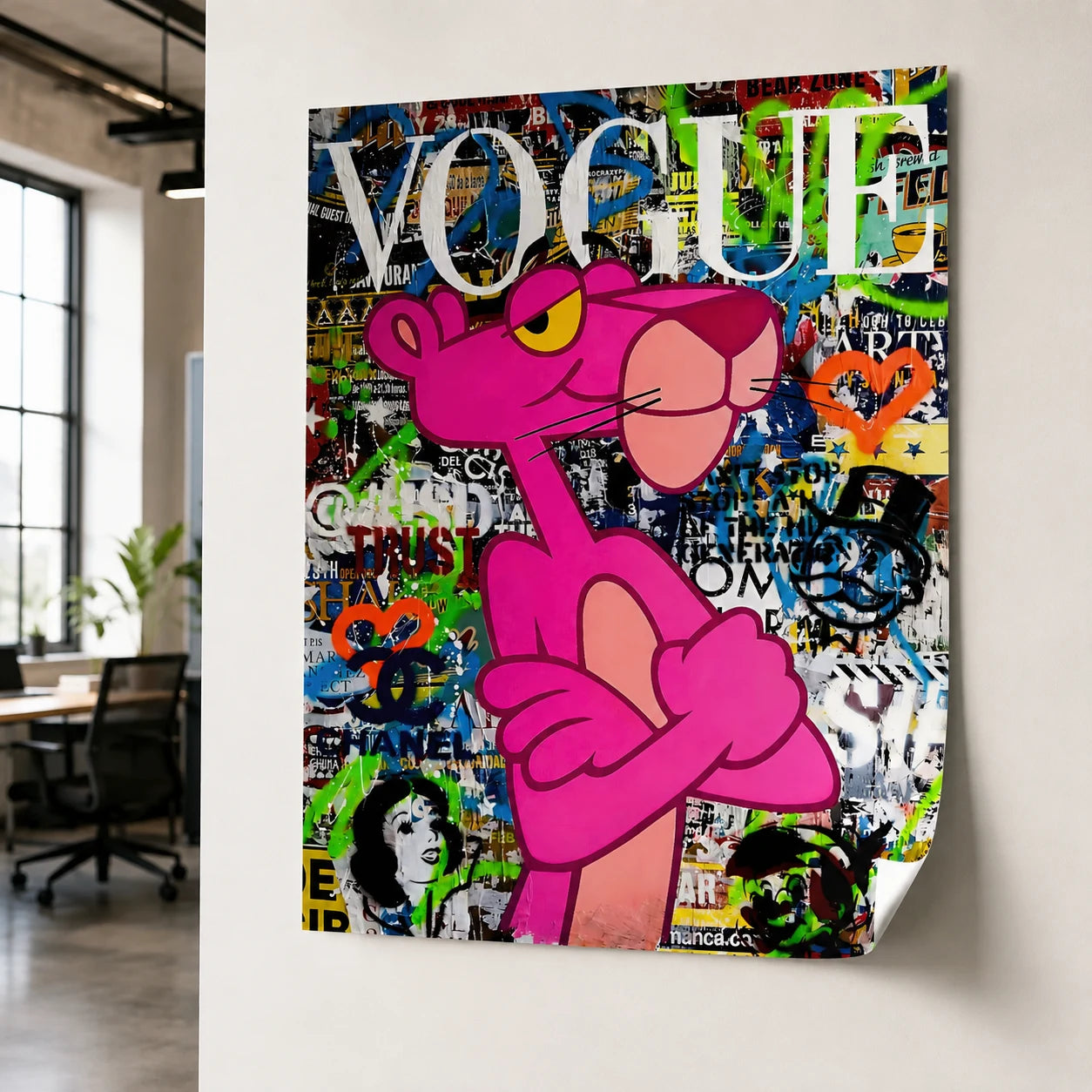 Tableau Panthère Rose Vogue cadre flottant noir