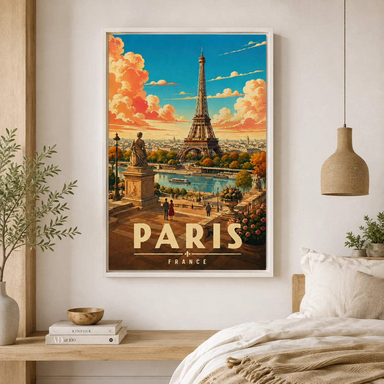 Tableau Paris Eiffel avec cadre flottant blanc – affiche rétro de la Tour Eiffel