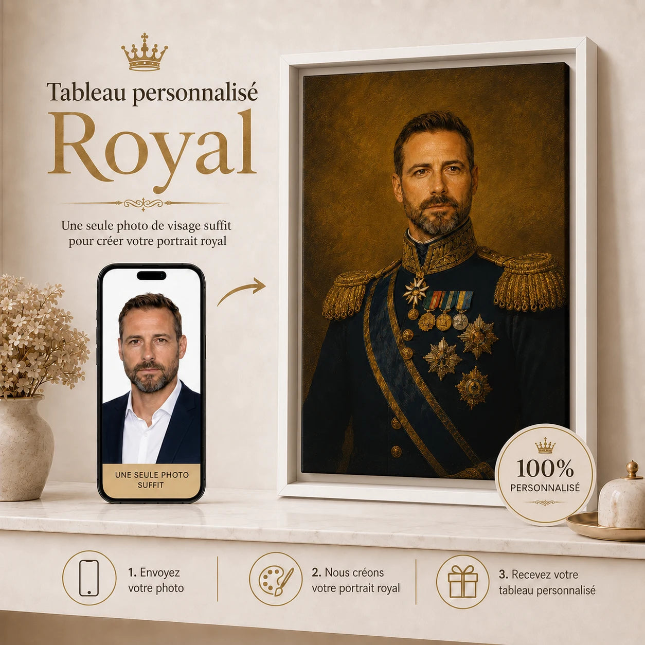 Tableau Personnalisé Général Impérial avec cadre flottant blanc