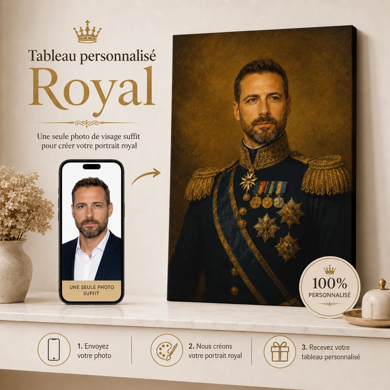 Tableau Personnalisé Général Impérial – portrait militaire royal créé à partir de votre photo