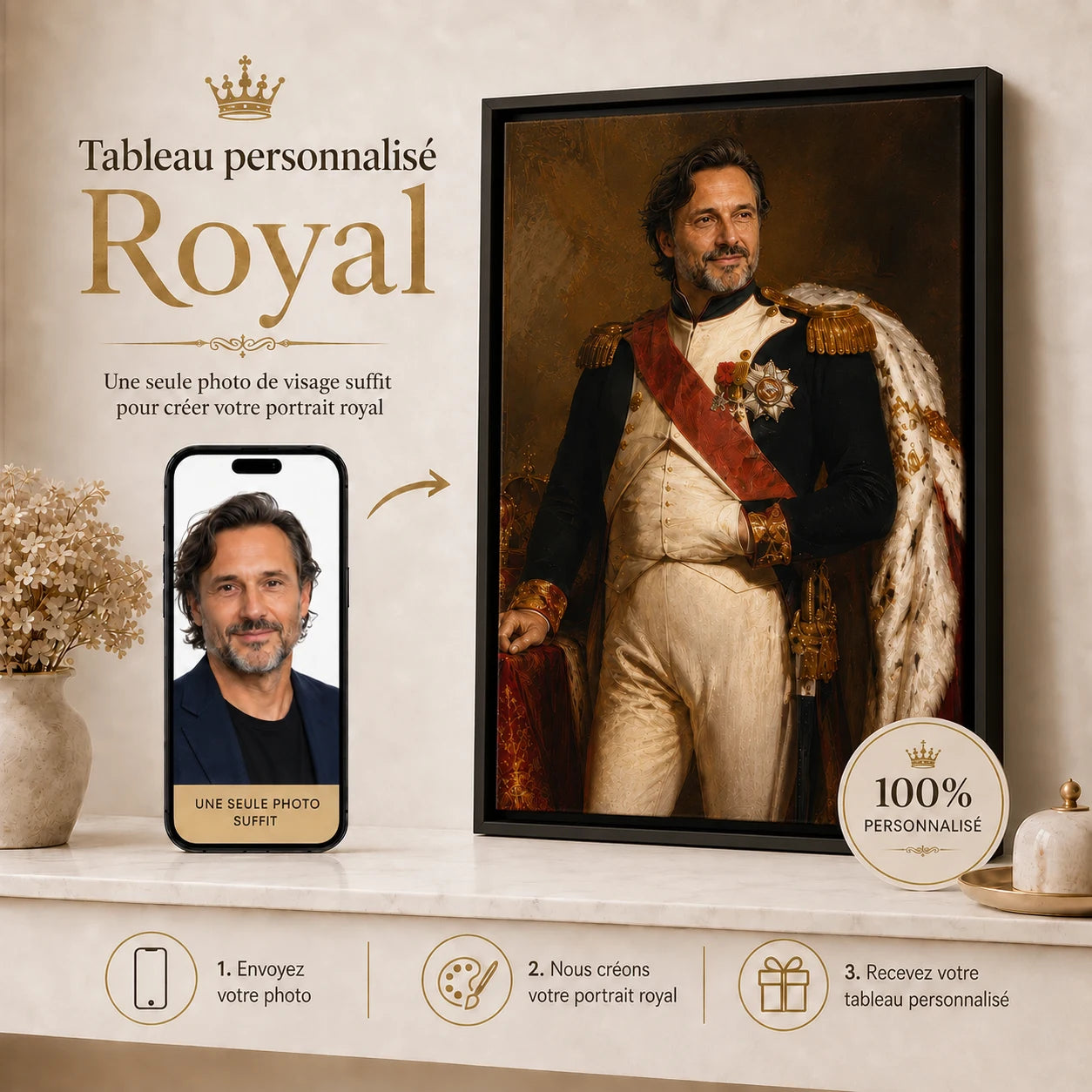 Tableau Personnalisé Napoléon Impérial avec cadre flottant noir