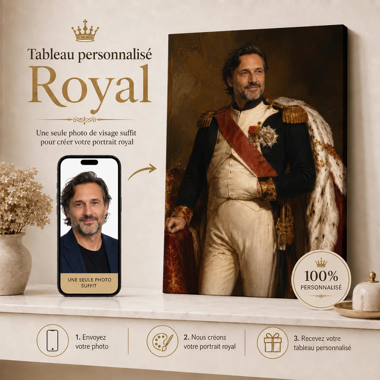 Tableau Personnalisé Napoléon Impérial – portrait royal créé à partir de votre photo