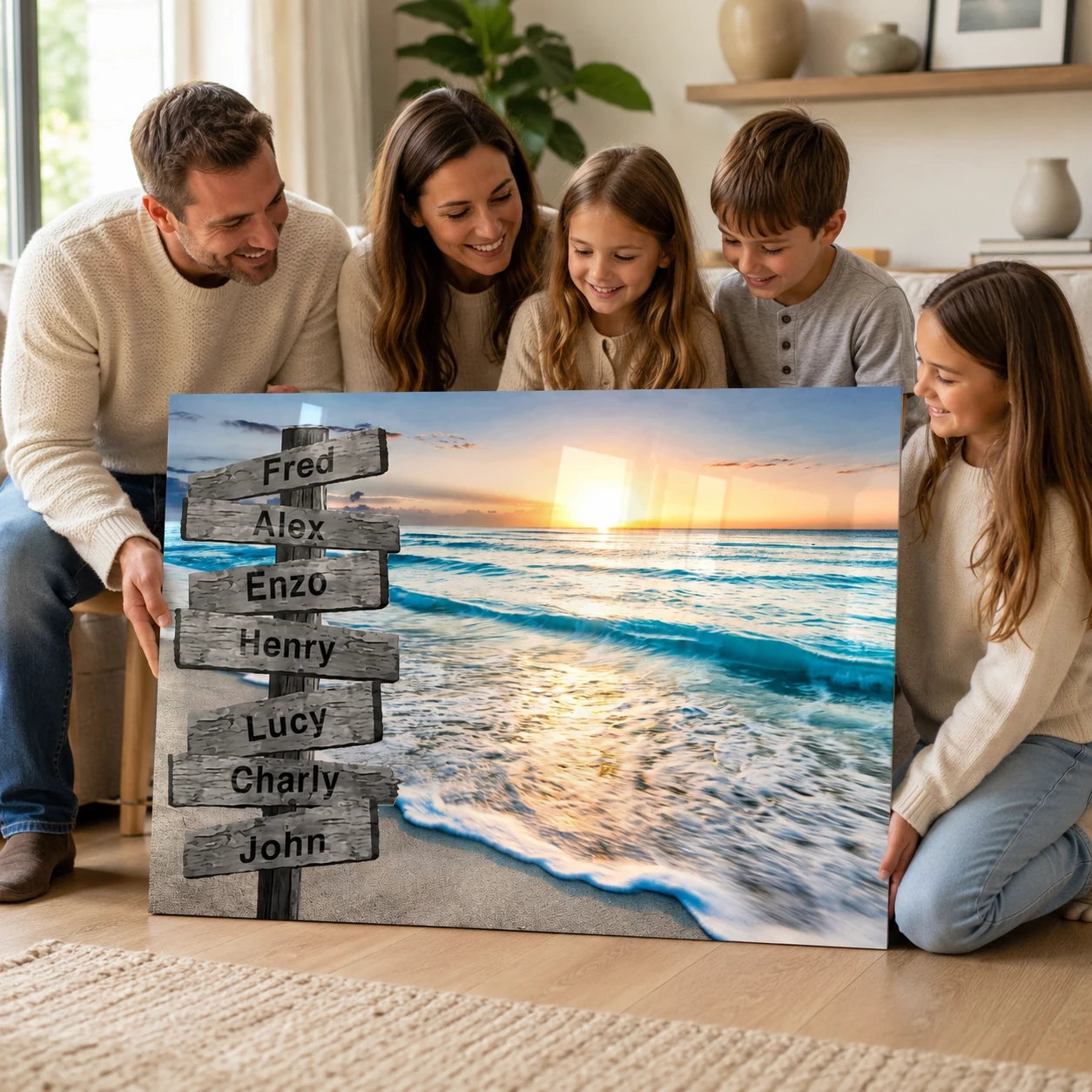 Tableau Personnalisé Prénoms La Mer avec panneau en bois et plage au coucher du soleil