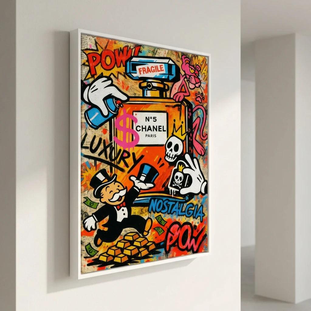 Tableau Pop Art Chanel Paris avec cadre flottant blanc, style moderne chic