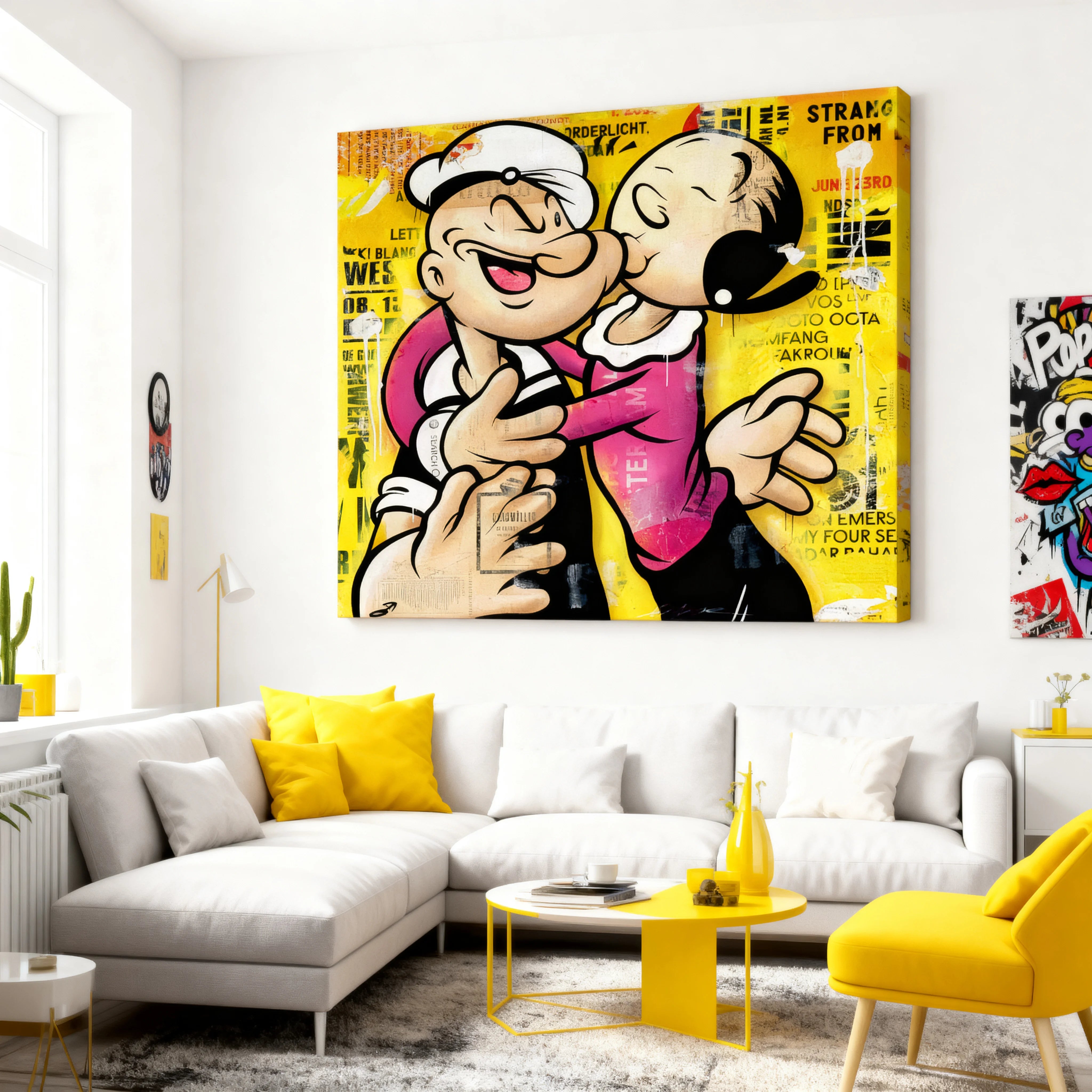 Tableau Popeye embrassant Olive sur fond jaune street art
