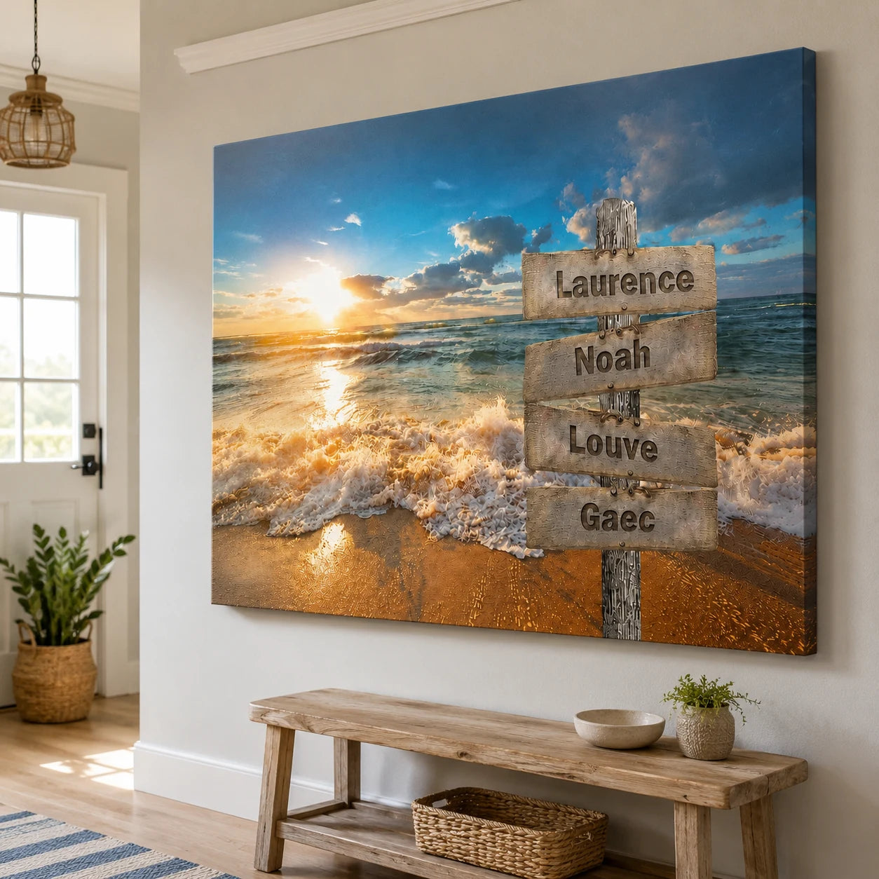 Tableau Prénoms Famille Bord de Plage personnalisé avec panneaux en bois