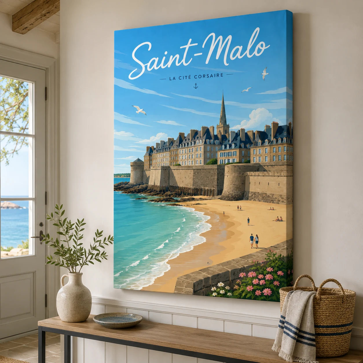 Tableau Saint-Malo bord de mer style affiche de voyage rétro