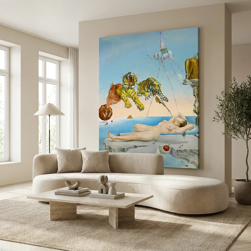 Tableau Salvador Dalí surréaliste avec tigres, éléphant et univers artistique onirique.