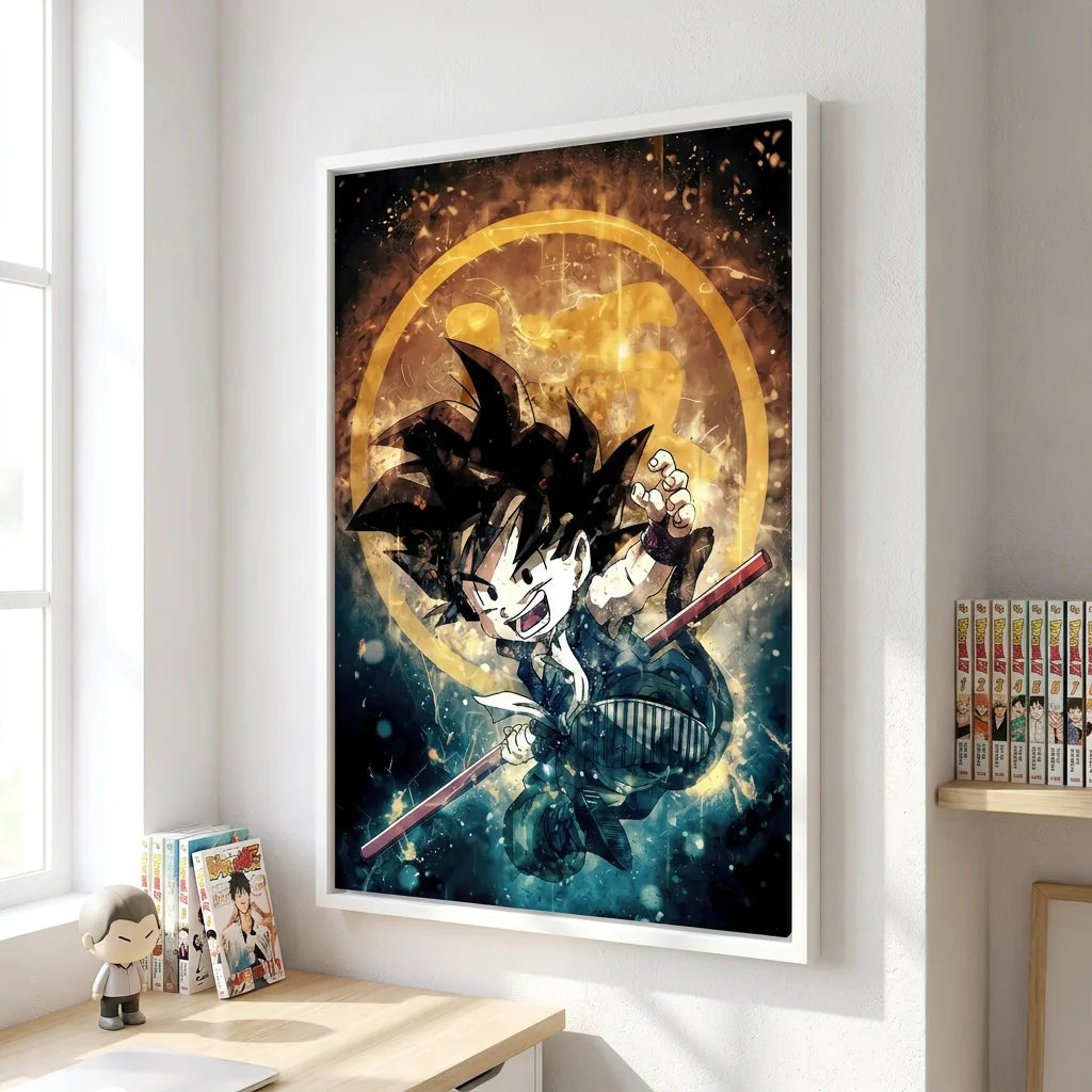 Tableau Sangoku enfant avec énergie dorée et fond sombre