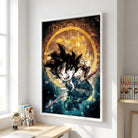 Tableau Sangoku enfant avec énergie dorée et fond sombre
