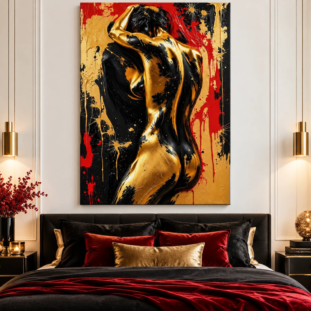 Tableau Sensuel Or et Passion sur toile tendue dans un salon