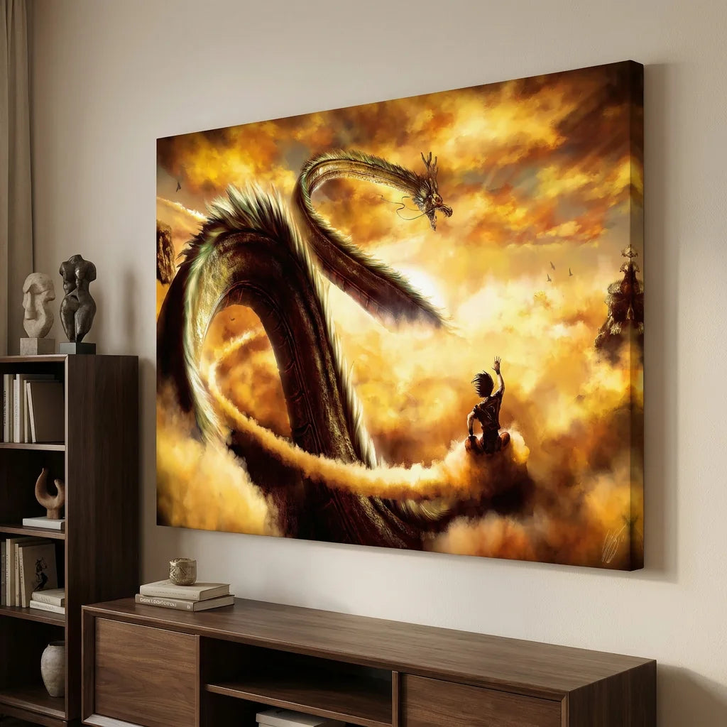 Tableau Sheeron Dragon Ball avec nuages dorés et scène épique