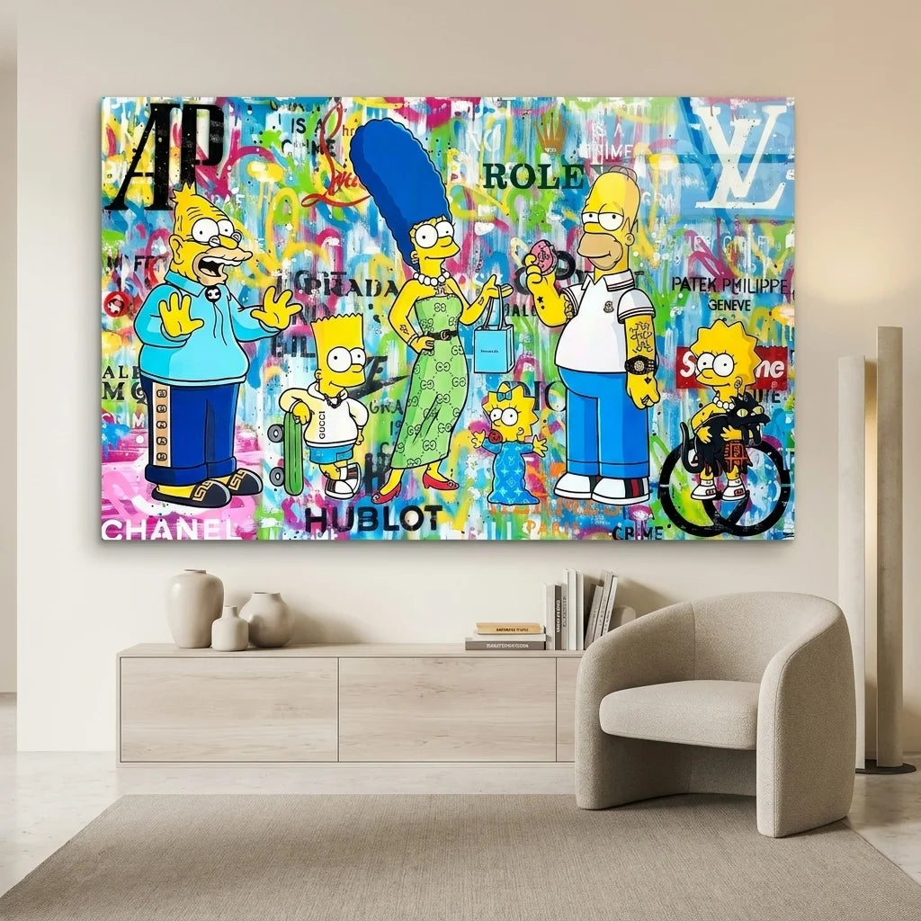 Tableau Simpson Fashion avec fond graffiti et motifs luxe