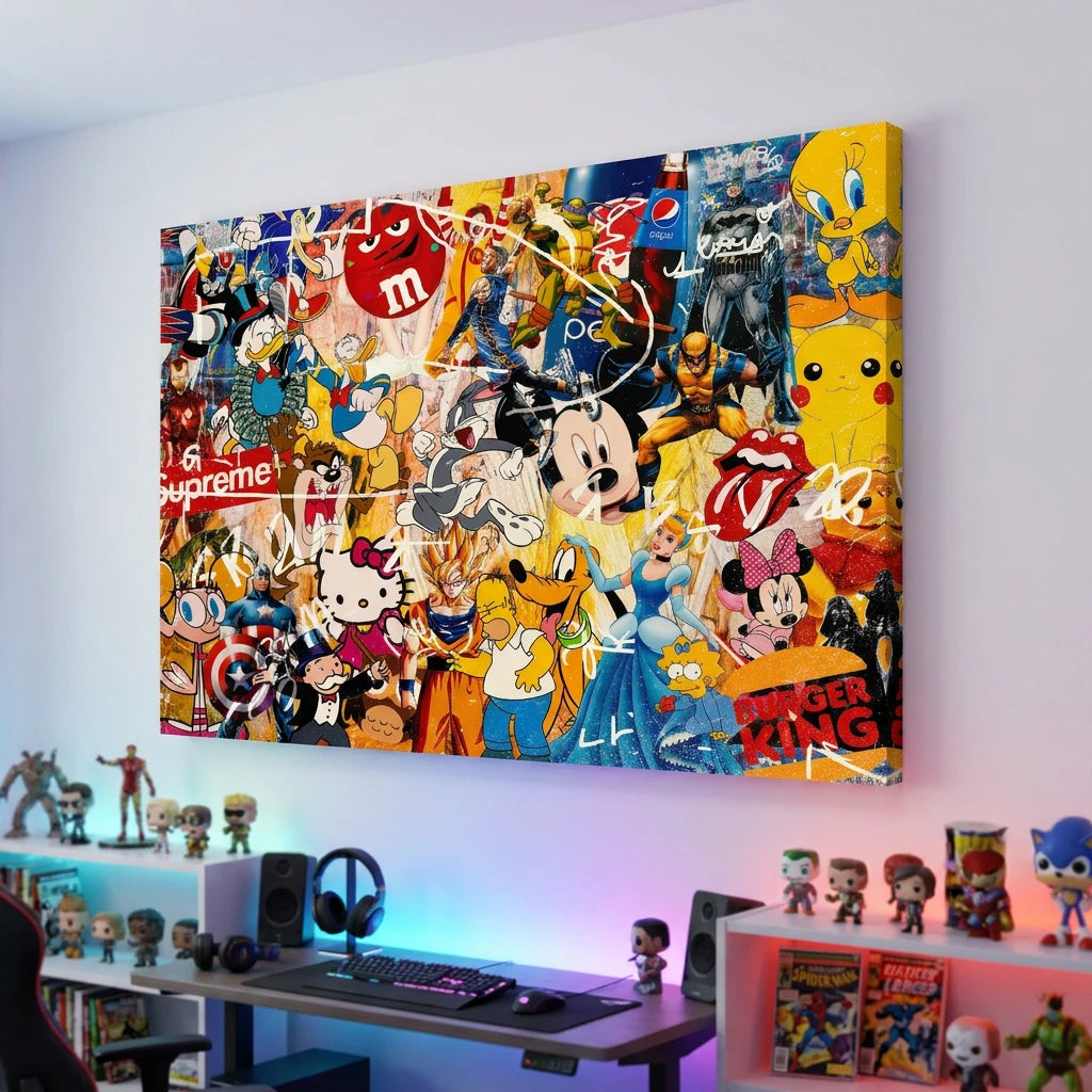 Tableau Street Art Pop Culture coloré avec personnages cultes