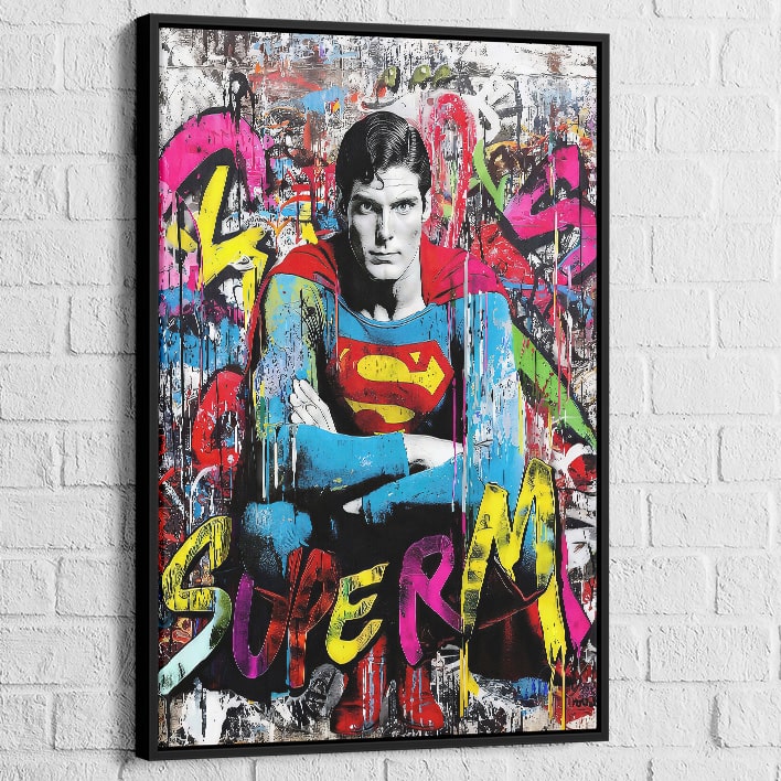 Tableau Superman street art avec cadre noir, contraste urbain