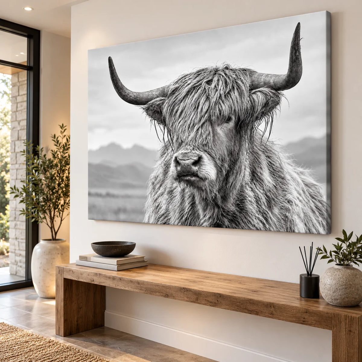 Tableau Vache Highland noir et blanc avec grandes cornes et pelage épais sur fond brumeux