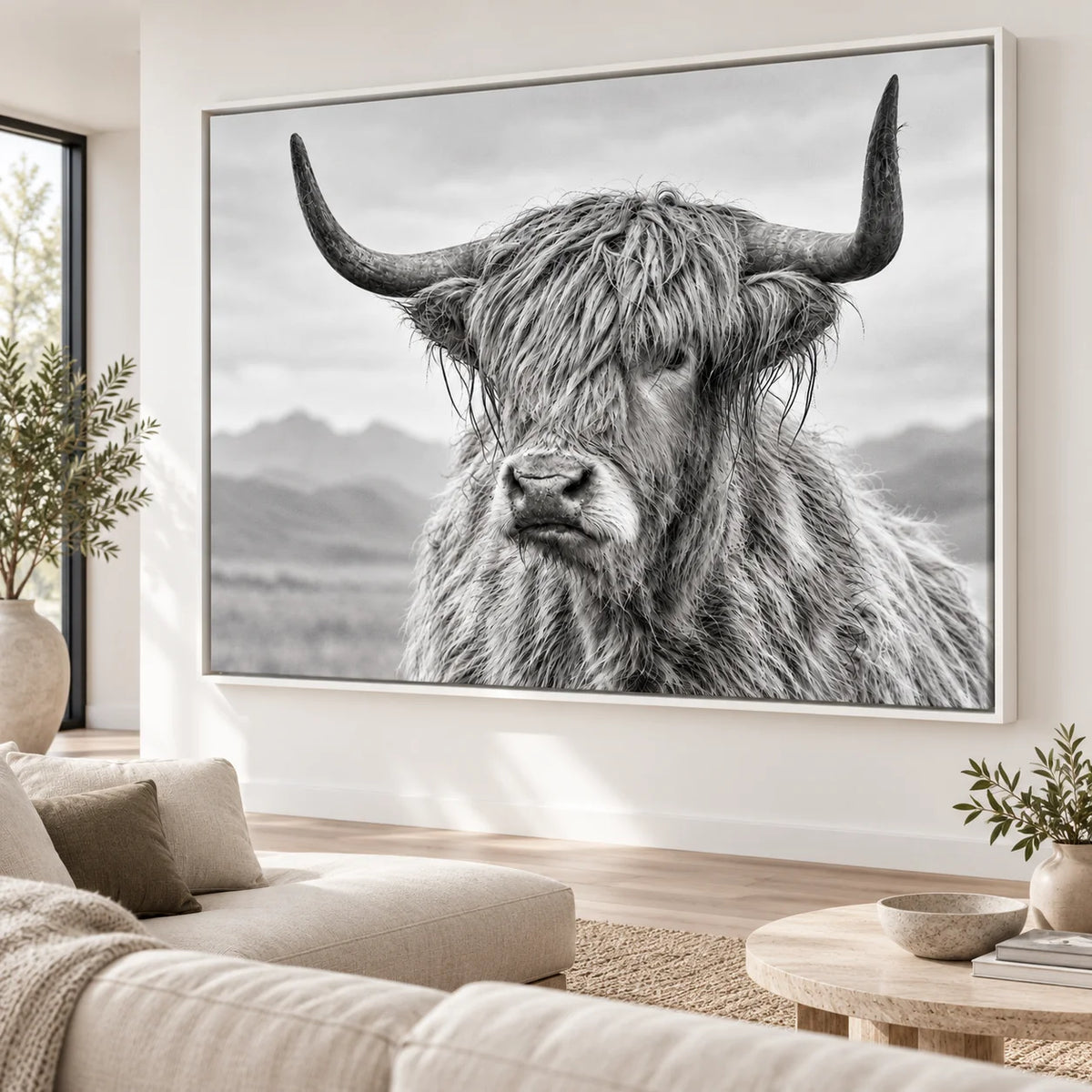 Tableau Vache Highland sur toile tendue dans un salon moderne aux tons beige et blanc