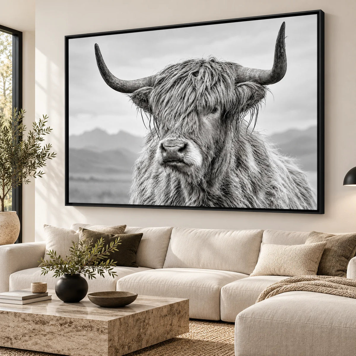 Tableau Vache Écossaise noir et blanc avec cadre flottant noir 