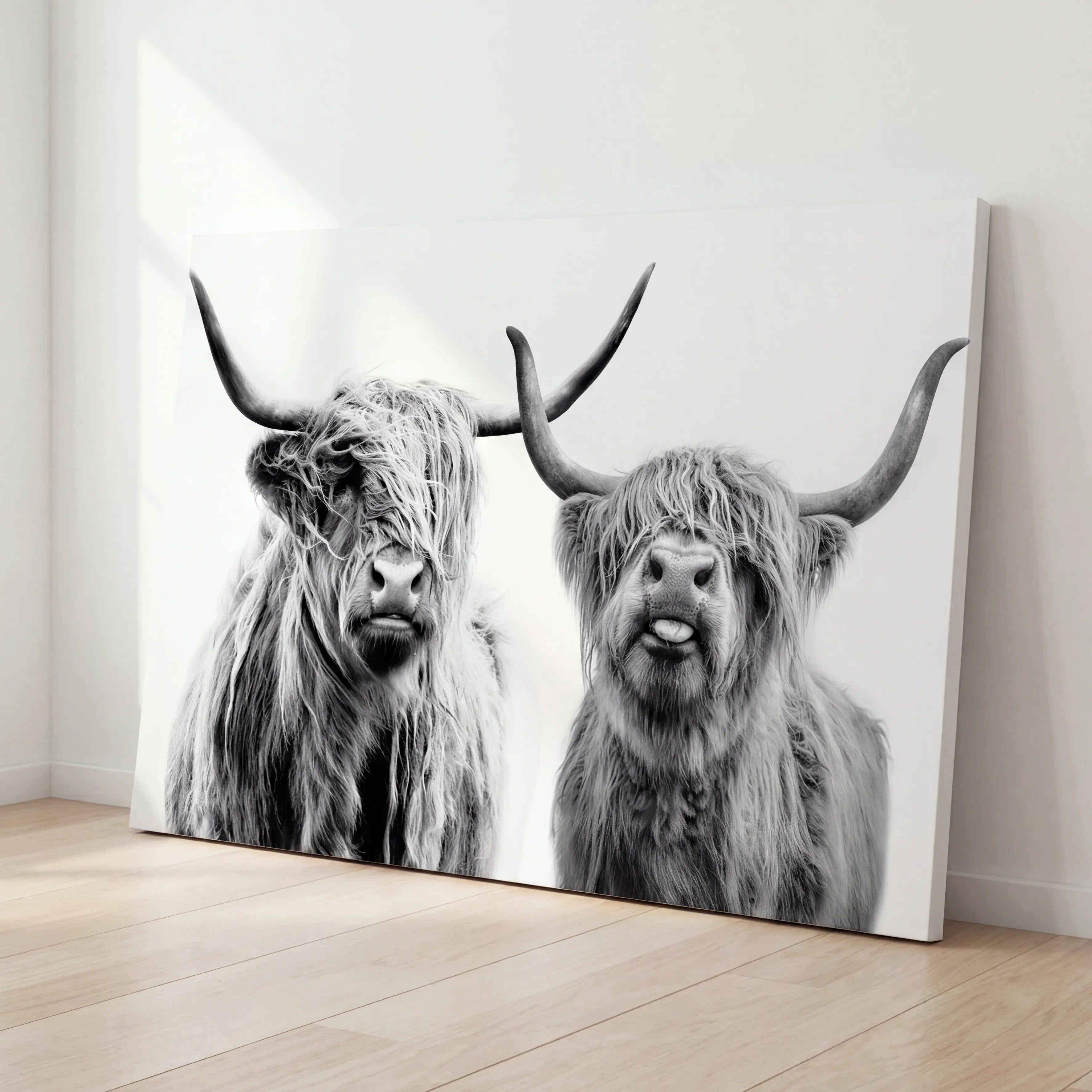 Tableau Vaches Highland Noir et Blanc, toile tendue exposée dans un salon moderne