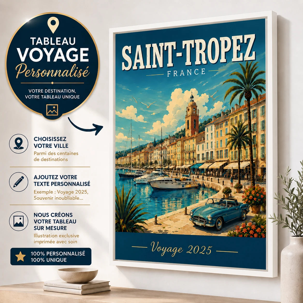 Tableau Voyage Personnalisé avec cadre flottant blanc – décoration voyage personnalisée