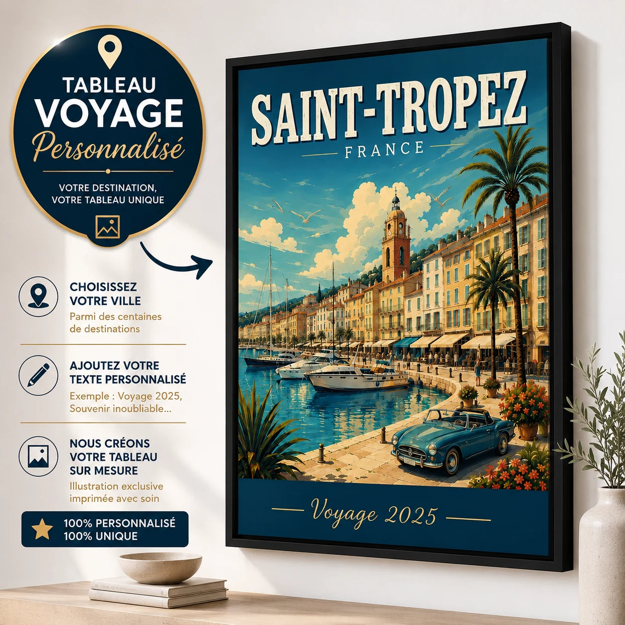 Tableau Voyage Personnalisé avec cadre flottant noir – affiche de ville sur mesure