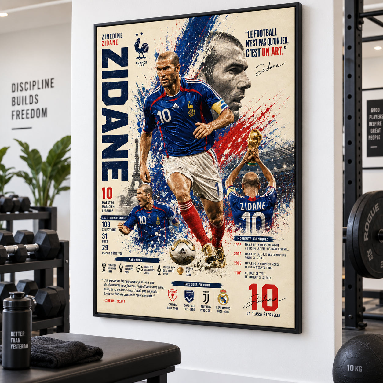Tableau Zidane Légende 98 avec cadre flottant noir sur mur blanc