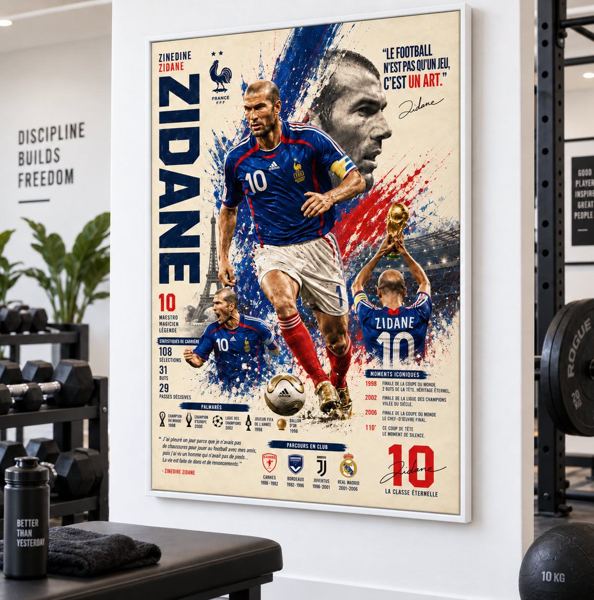 Tableau Zinedine Zidane Légende 98 avec cadre flottant blanc