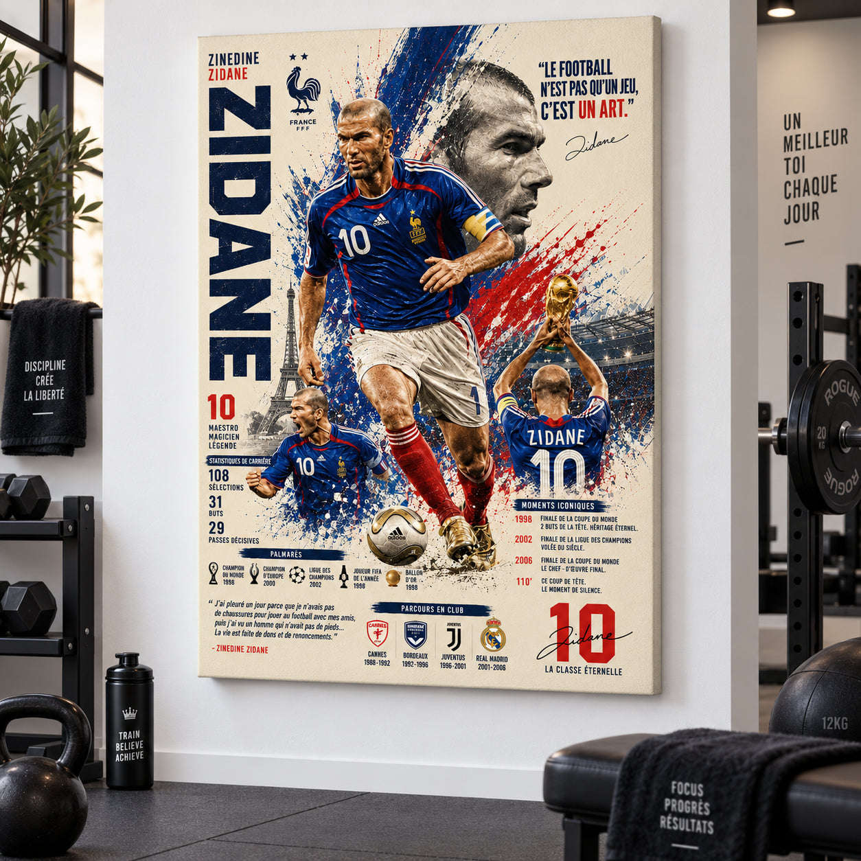 Tableau Zinedine Zidane Légende 98 avec maillot de l’équipe de France numéro 10