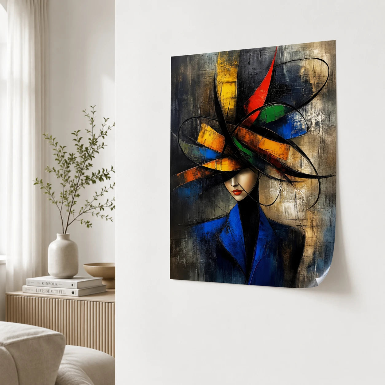 Tableau abstrait coloré représentant une femme chic