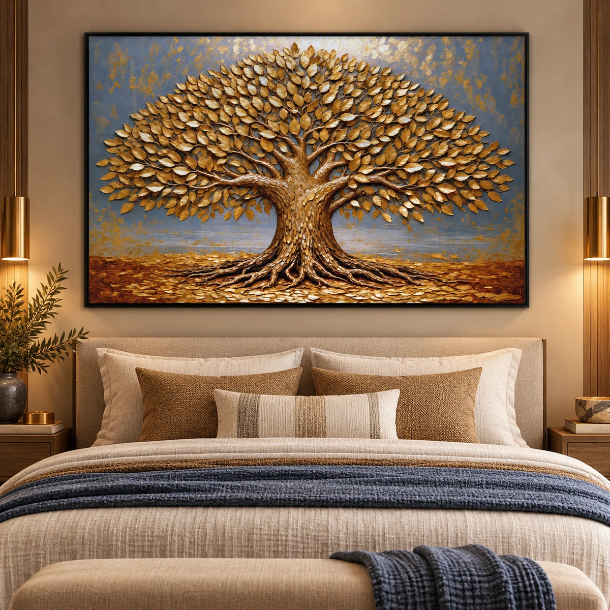 Tableau arbre de vie doré avec feuillage abondant