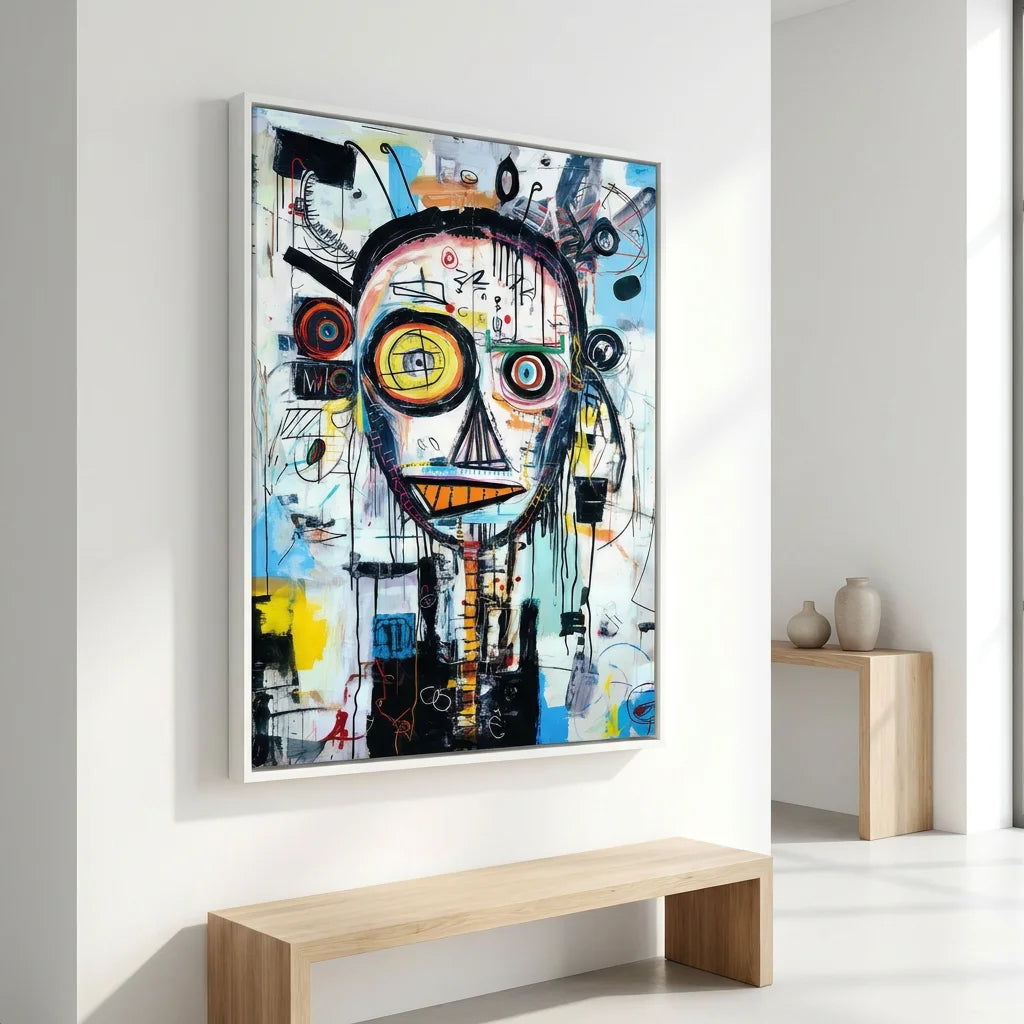 Tableau art brut Basquiat aux couleurs bleu jaune et rouge