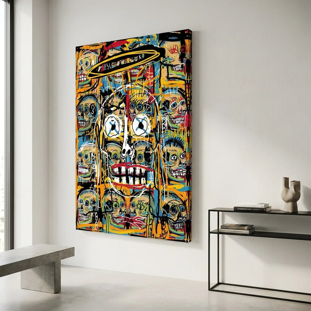 Tableau art brut Basquiat aux couleurs jaune bleu rouge et noir