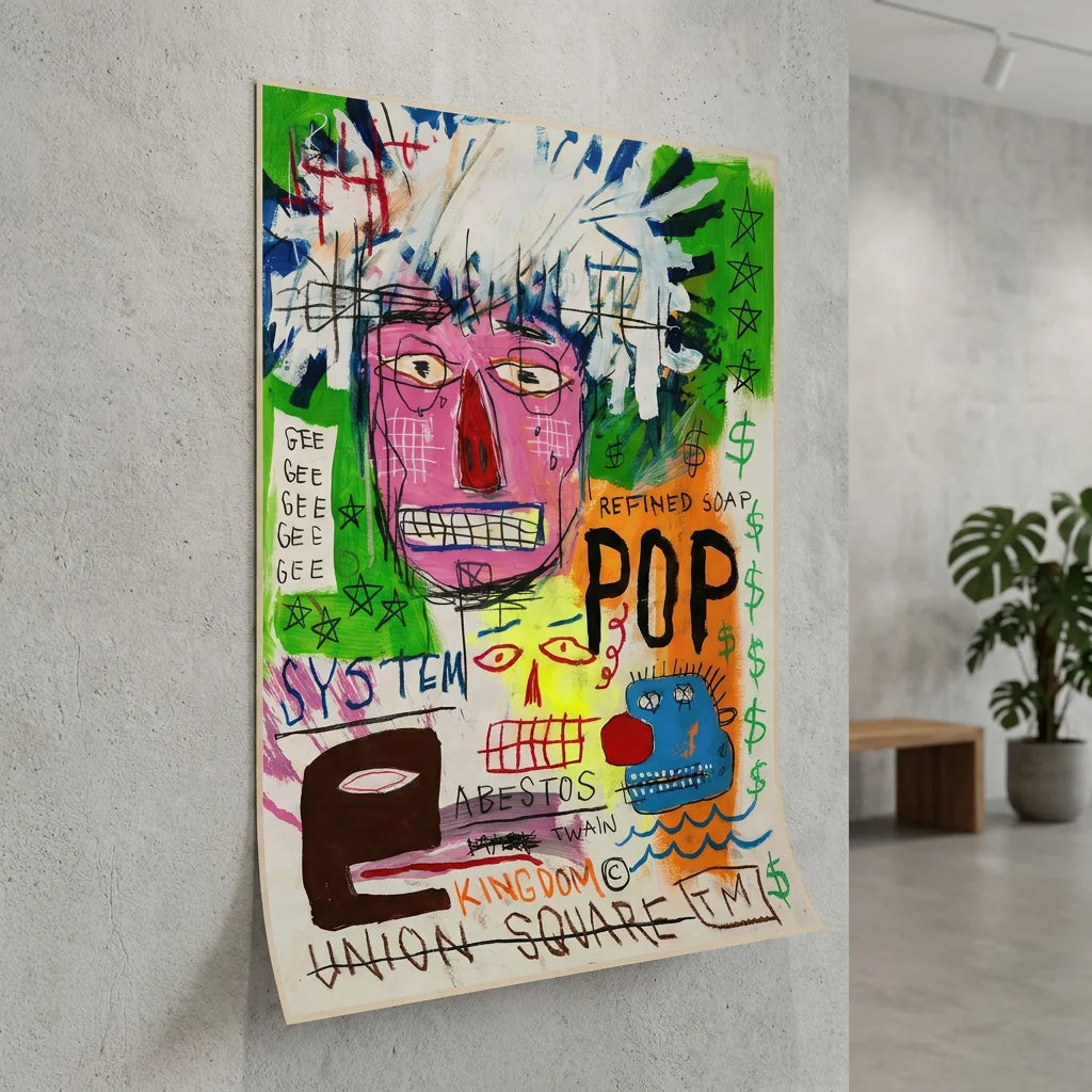 Tableau art brut Basquiat avec inscriptions pop et symboles dollar