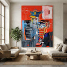 Tableau art brut Basquiat avec traits blancs noirs et bleus