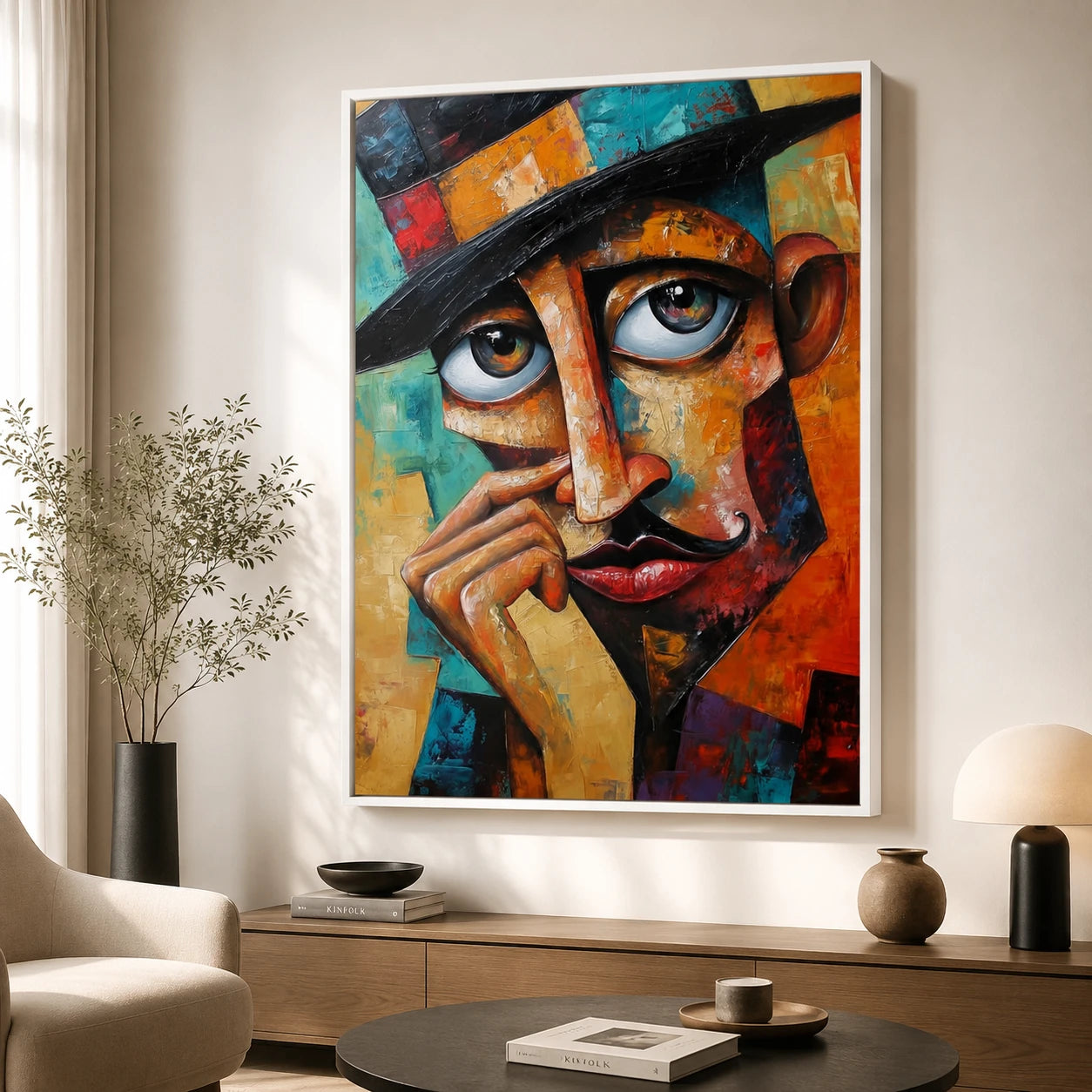 Tableau art moderne homme aux tons orange, bleu et turquoise
