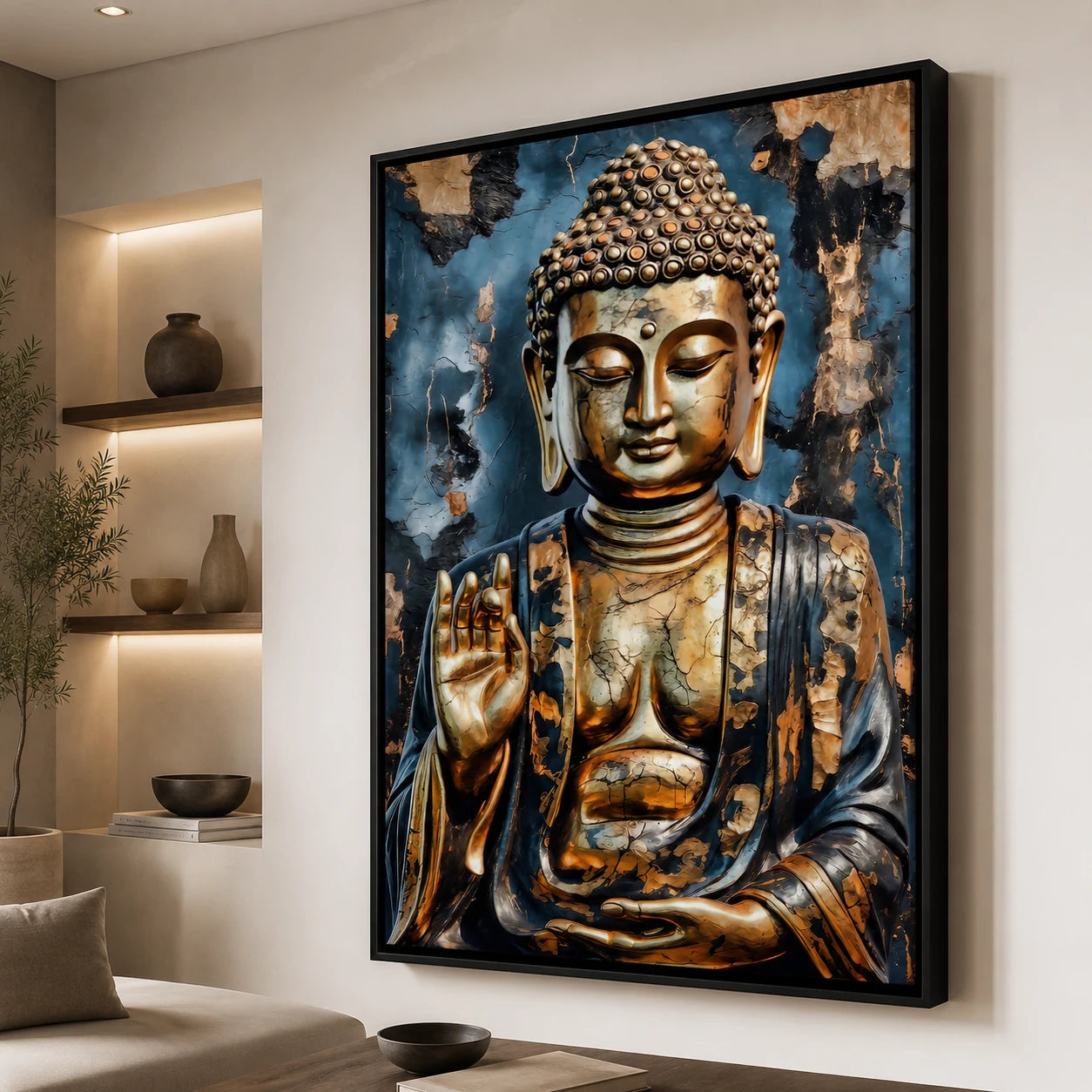 Tableau asiatique Bouddha avec effet patiné et détails métalliques