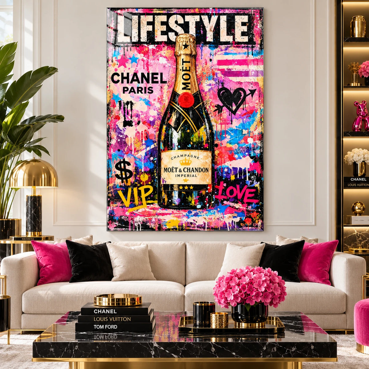 Tableau bouteille de champagne dorée pour décoration intérieure tendance