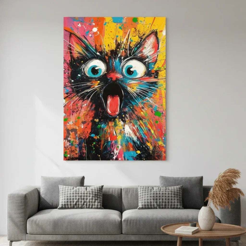 Tableau chat drôle bouche ouverte art urbain couleurs vives