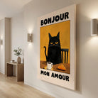 Tableau chat noir café croissant