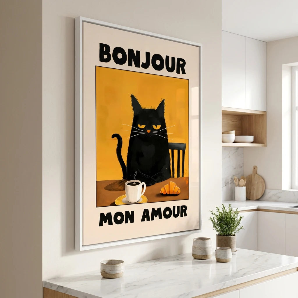 Tableau chat noir café du matin