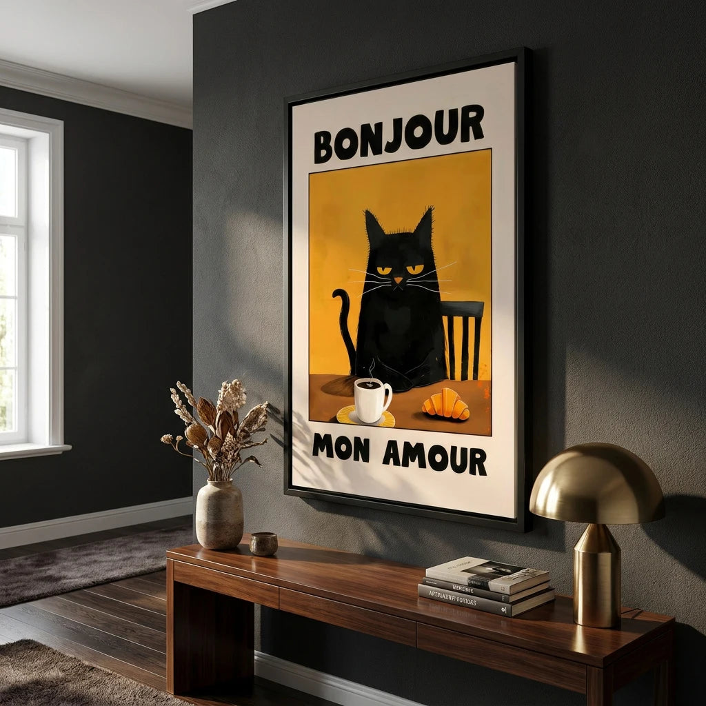 Tableau chat noir petit déjeuner français