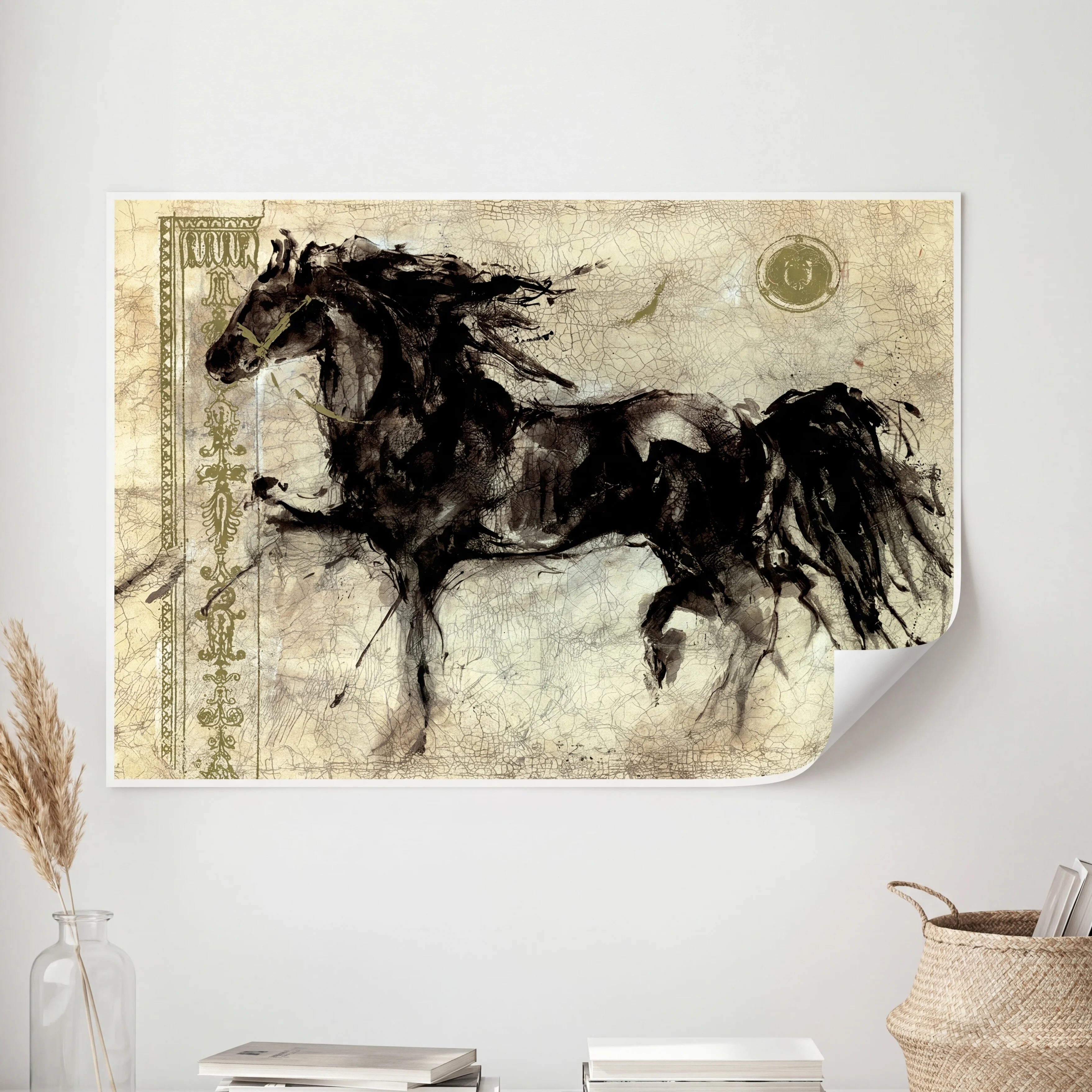 Tableau cheval design moderne noir et beige