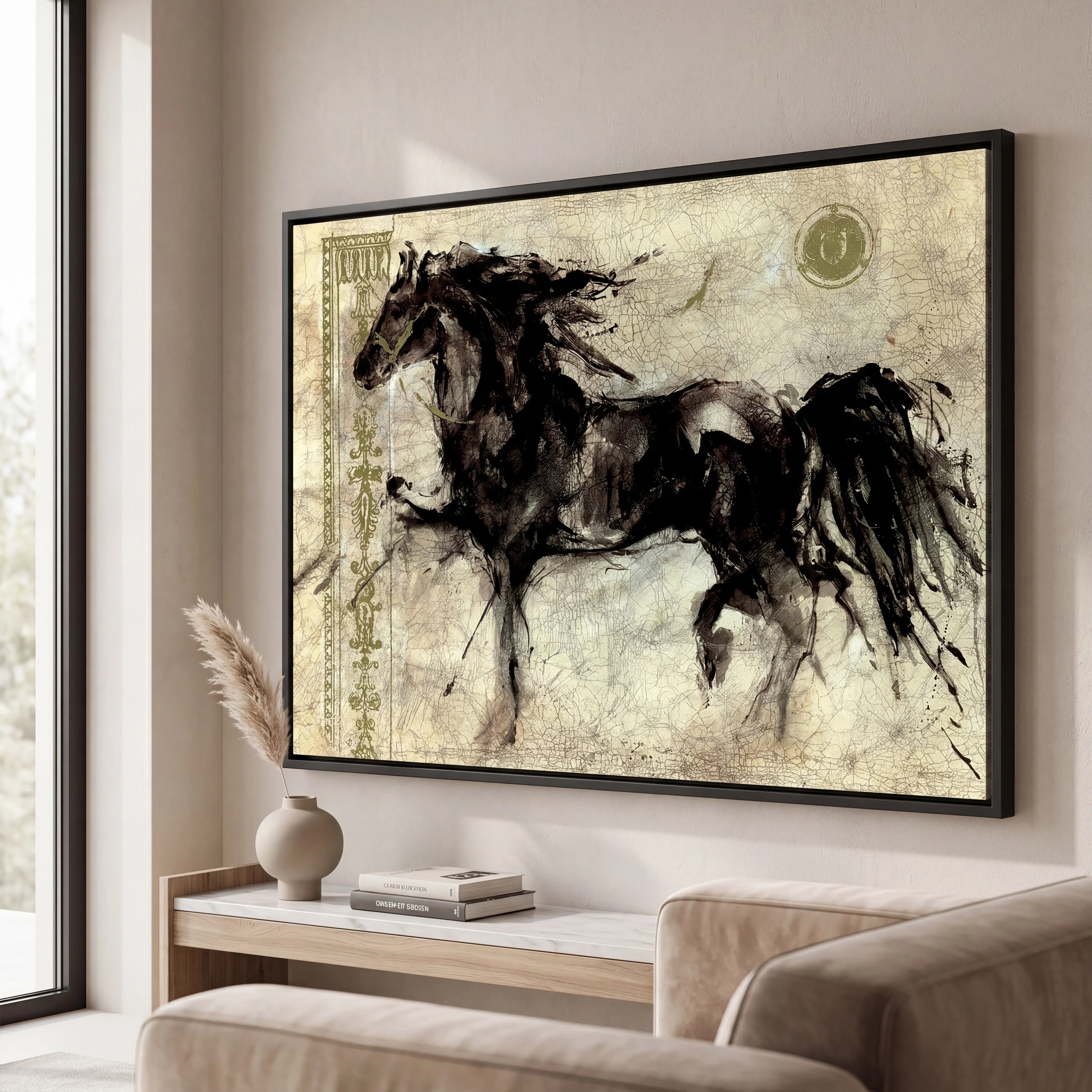 Tableau cheval noir abstrait style encre sur fond vintage