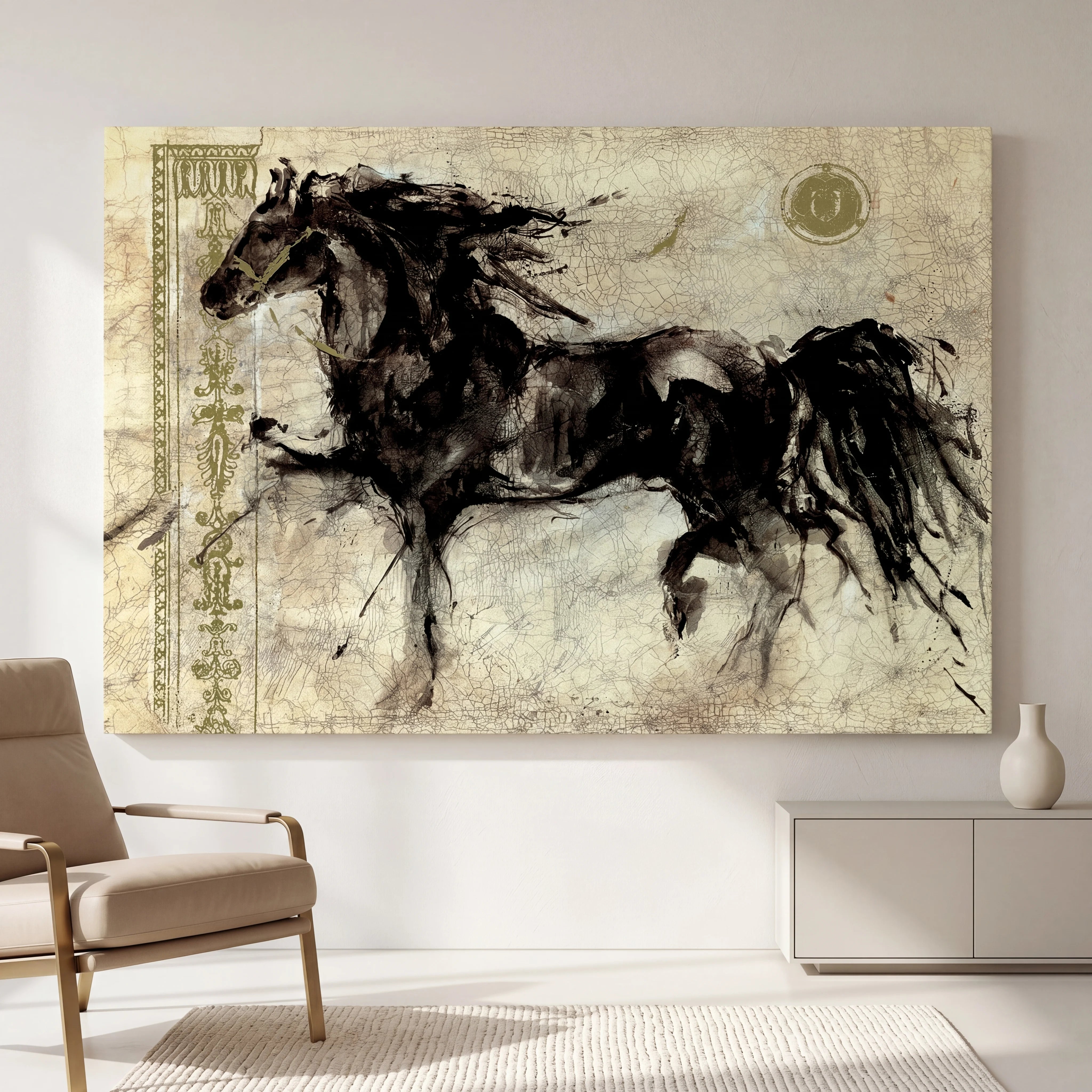 Tableau cheval noir pour salon moderne contemporain