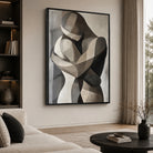 Tableau couple enlacé abstrait aux couleurs beige, crème, taupe et noir