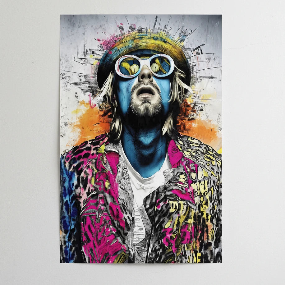 Tableau déco rock portrait artistique couleurs rose bleu orange