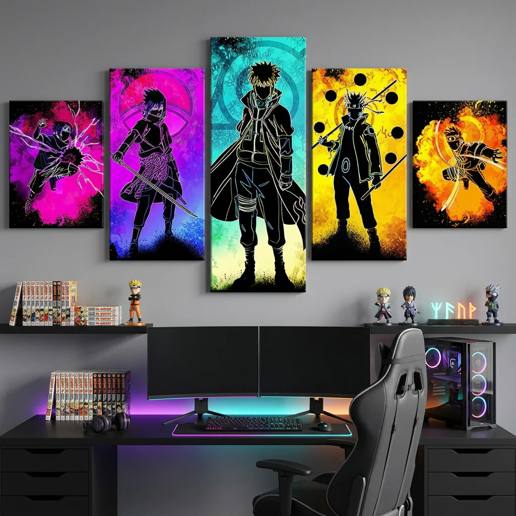Tableau décoratif Naruto 5 panneaux avec silhouettes de ninjas colorées