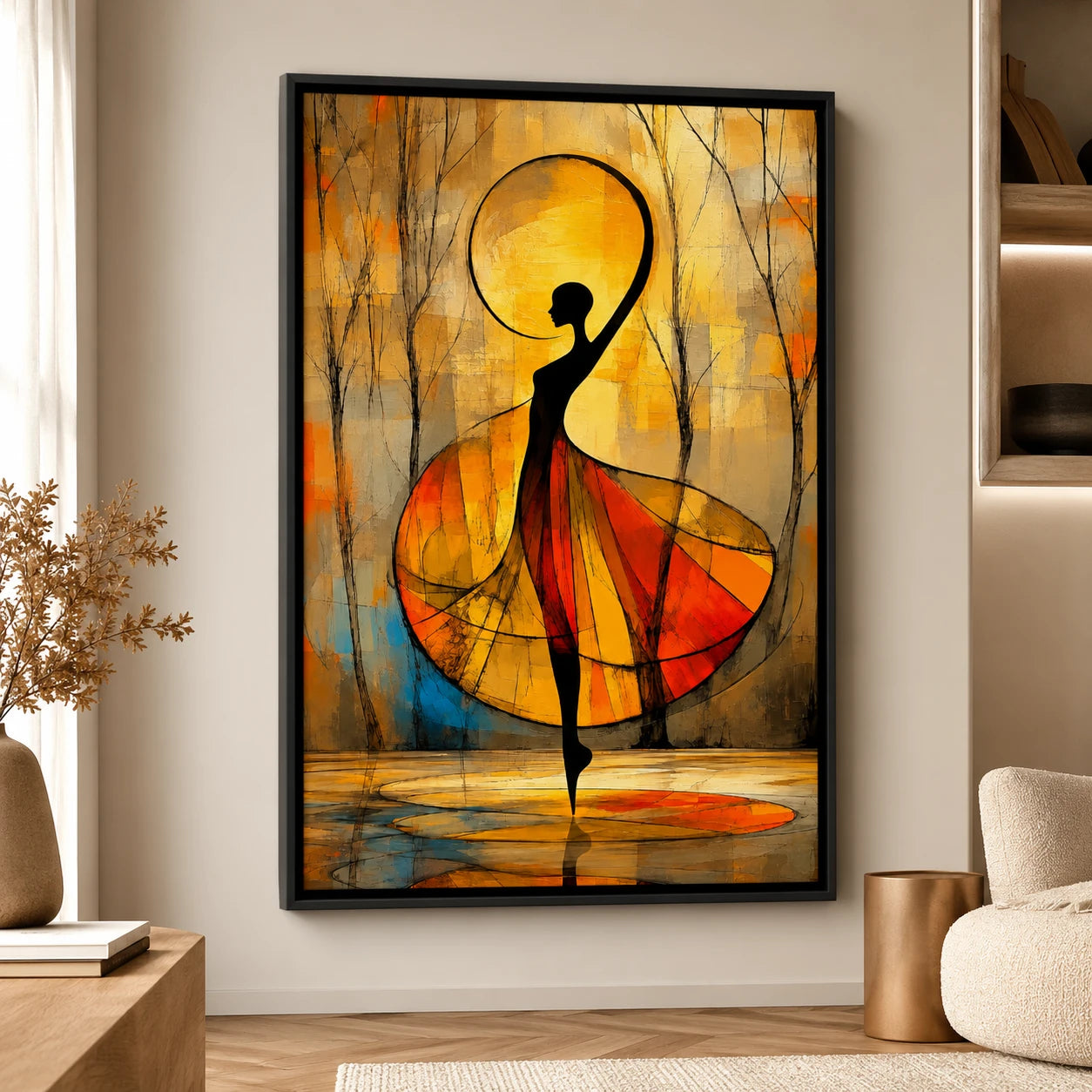 Tableau danseuse moderne avec cadre flottant noir dans un salon contemporain