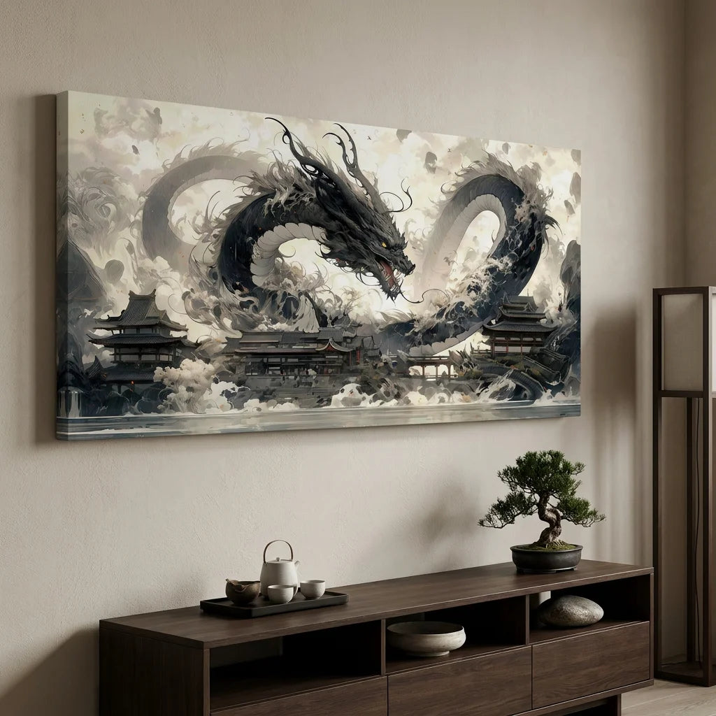 Tableau dragon asiatique noir avec temple et paysage brumeux
