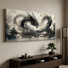 Tableau dragon asiatique noir avec temple et paysage brumeux